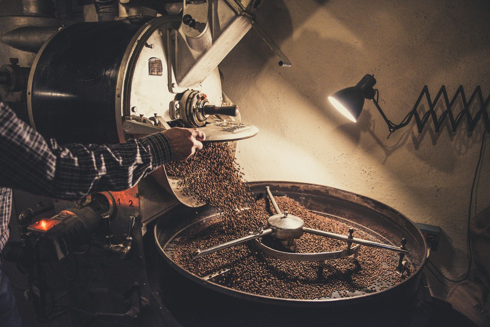 Fresh roasted beans pouring from a vintage drum roaster